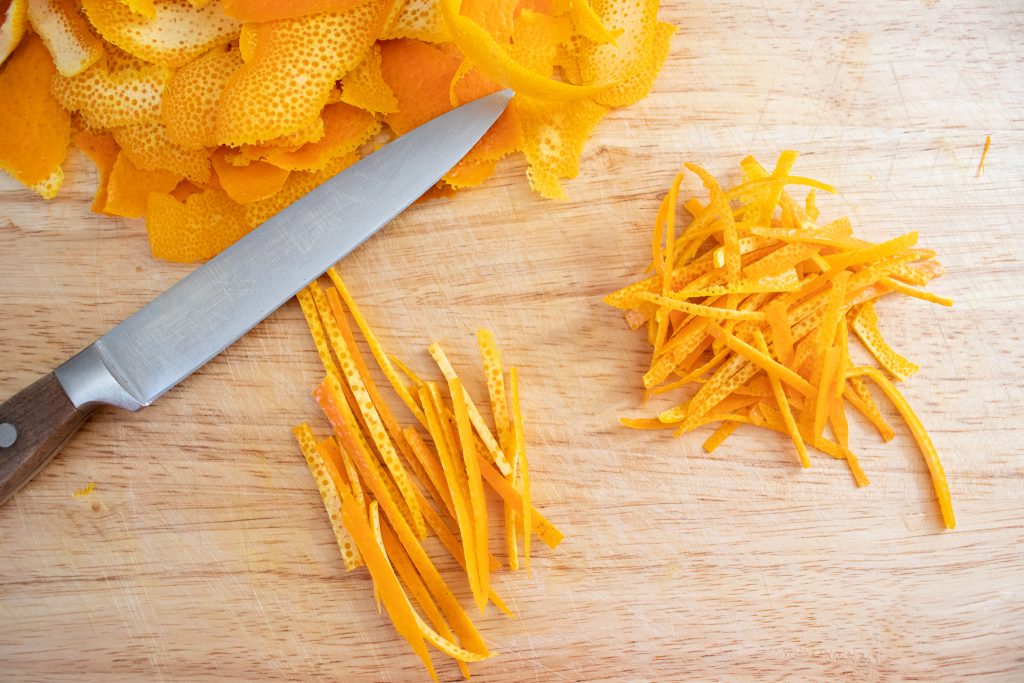 oranges peels cut into strips for making old fashioned marmalade