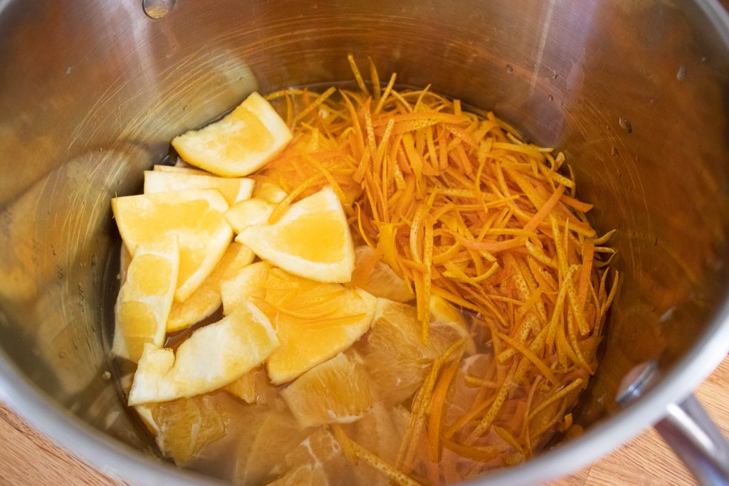 oranges, orange peels, and orange piths soaking in water