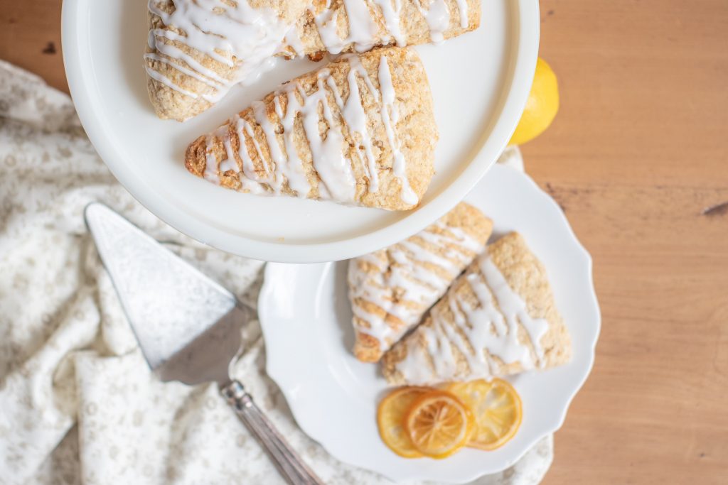 sourdough scones with lemon icing drizzled over