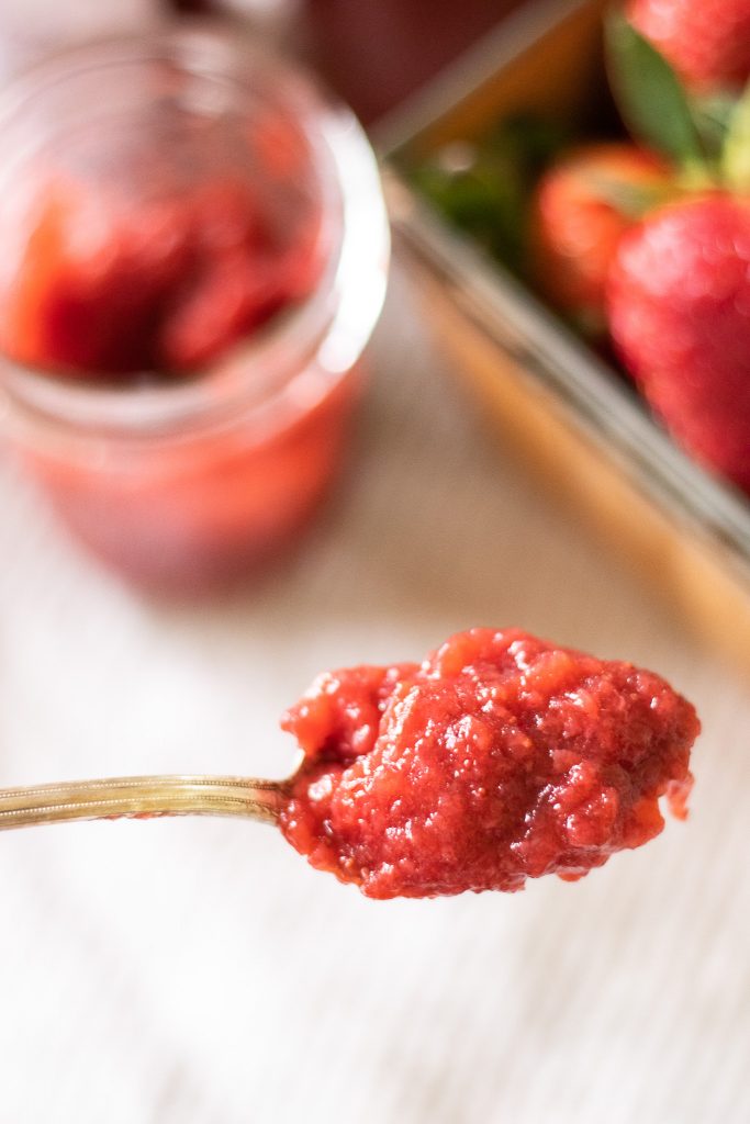low sugar Strawberry jam on spoon