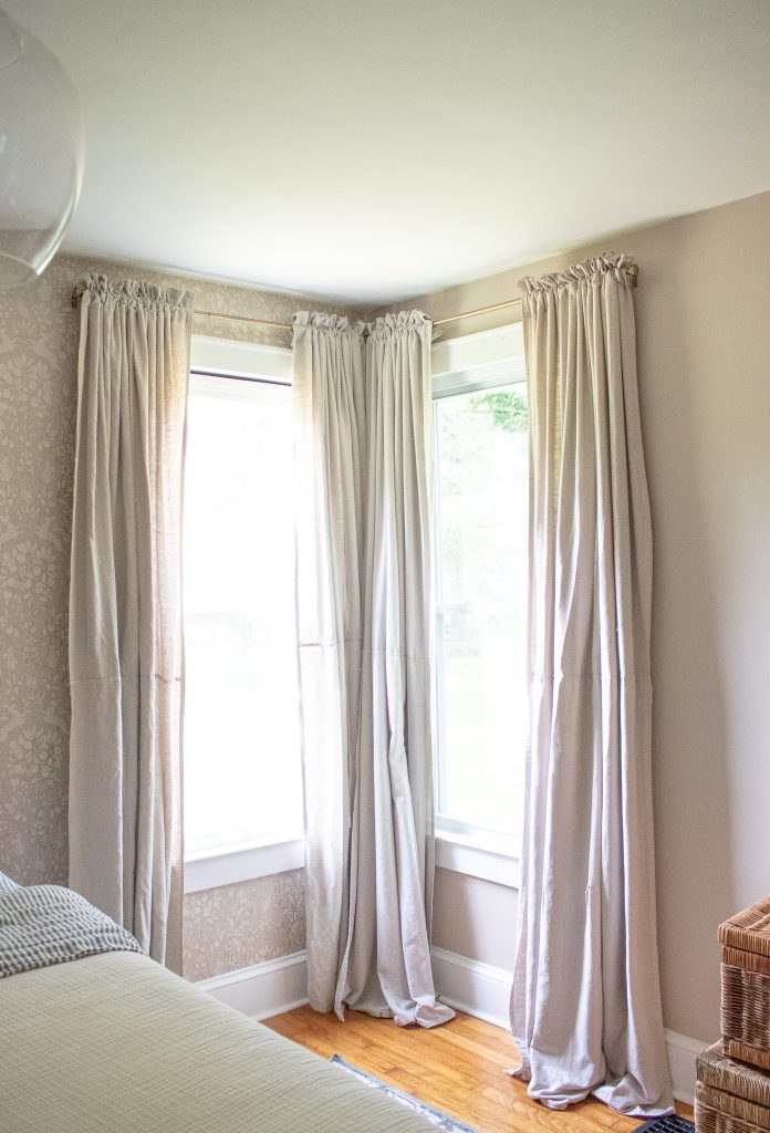 beautiful diy gathered drop cloth curtains hanging in bedroom